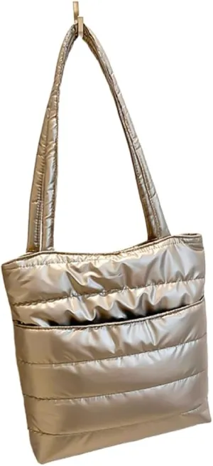 Fashionable Quilted Cotton Padded Shoulder Handbag for Women Spacious Glossy Underarm Bag with Multiple Compartments