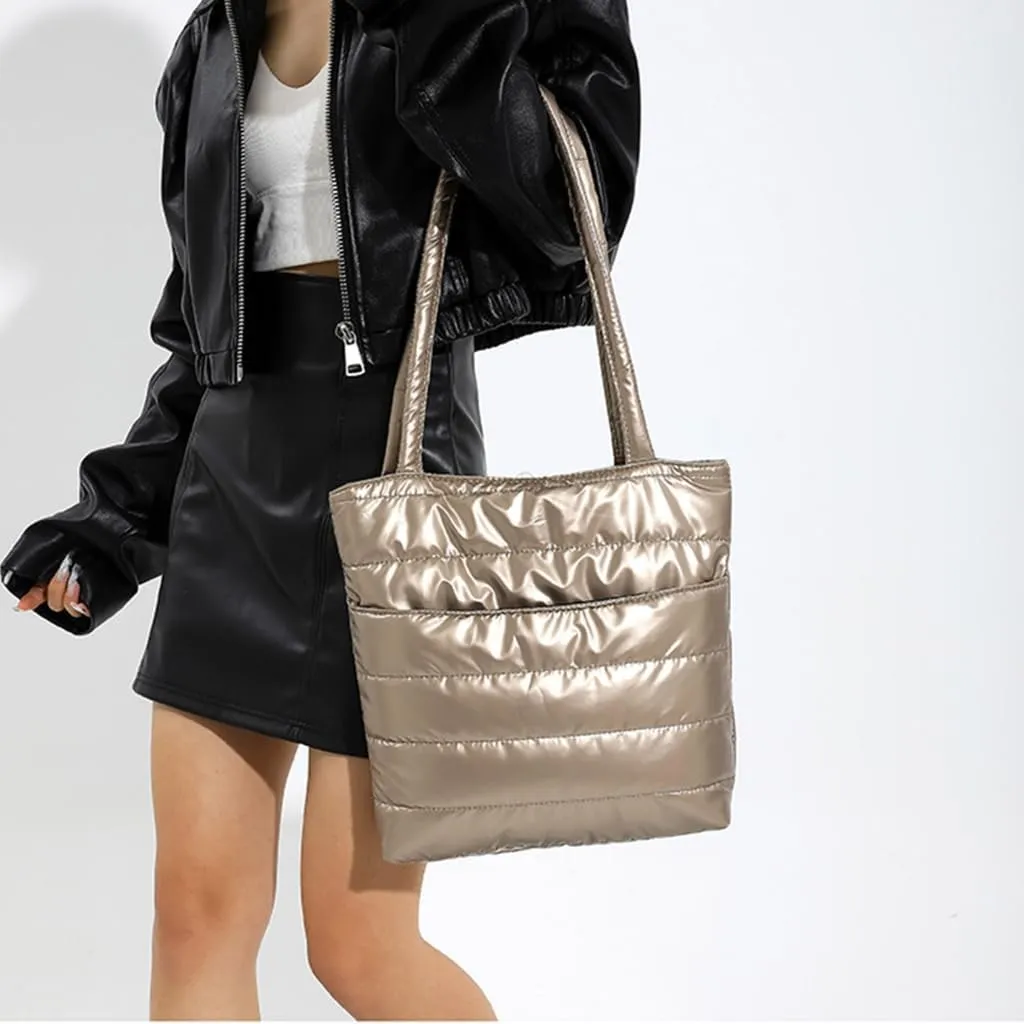 Fashionable Quilted Cotton Padded Shoulder Handbag for Women Spacious Glossy Underarm Bag with Multiple Compartments