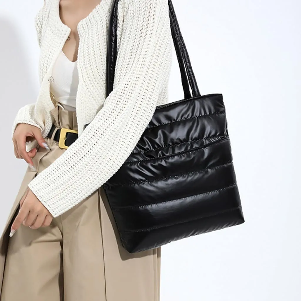 Fashionable Quilted Cotton Padded Shoulder Handbag for Women Spacious Glossy Underarm Bag with Multiple Compartments
