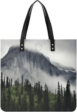 Faux Leather Hangbag for Women,Smokey Mountain Cliff Print Tote Bags,Leather Big Purses And Handbags for Work Dating Travel Shopping