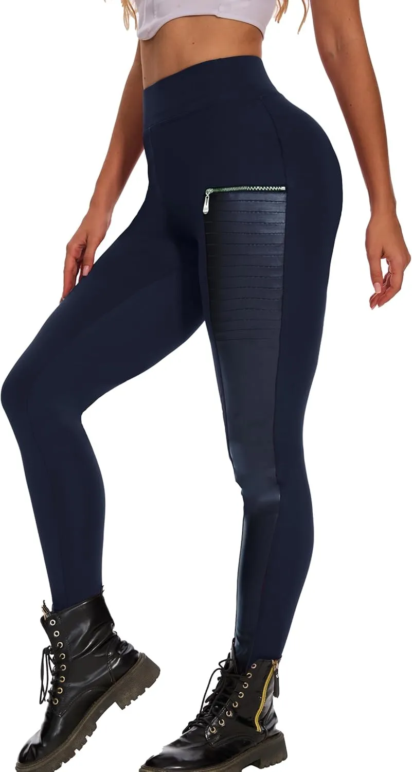 Faux Leather Leggings for Women Pleather Pant Elastic Mid Waisted Stretchy Patch Zip Tights