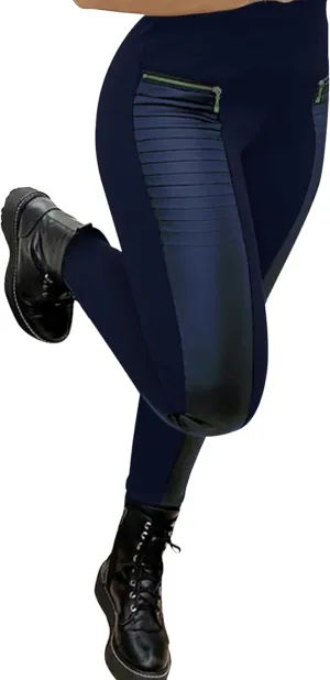 Faux Leather Leggings for Women Pleather Pant Elastic Mid Waisted Stretchy Patch Zip Tights