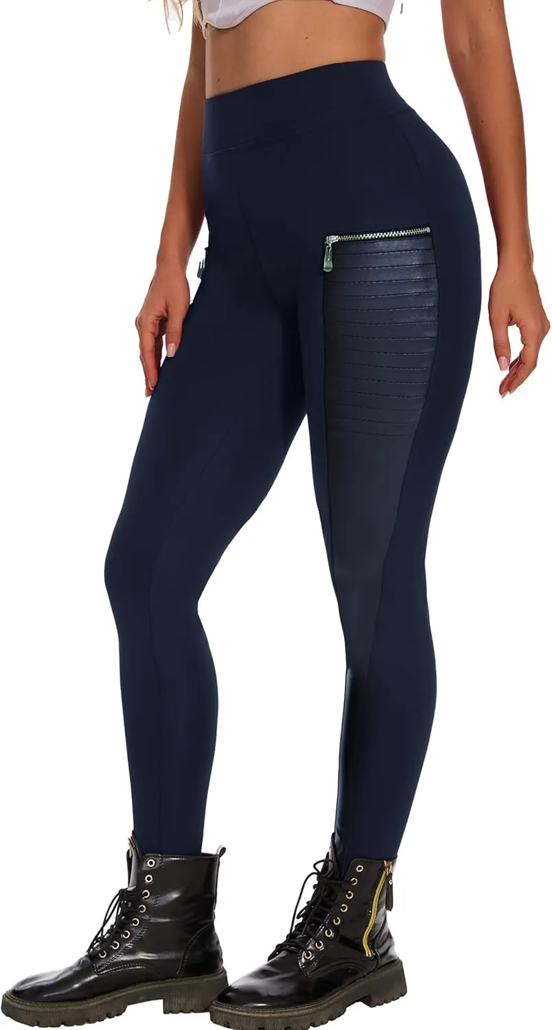 Faux Leather Leggings for Women Pleather Pant Elastic Mid Waisted Stretchy Patch Zip Tights