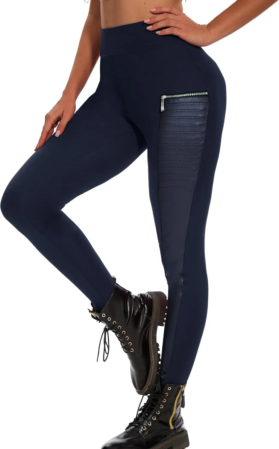 Faux Leather Leggings for Women Pleather Pant Elastic Mid Waisted Stretchy Patch Zip Tights