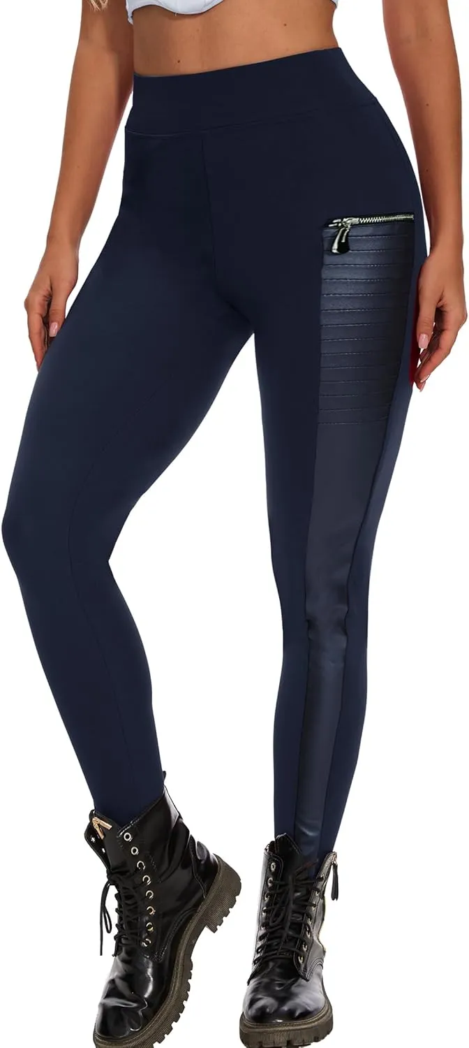 Faux Leather Leggings for Women Pleather Pant Elastic Mid Waisted Stretchy Patch Zip Tights