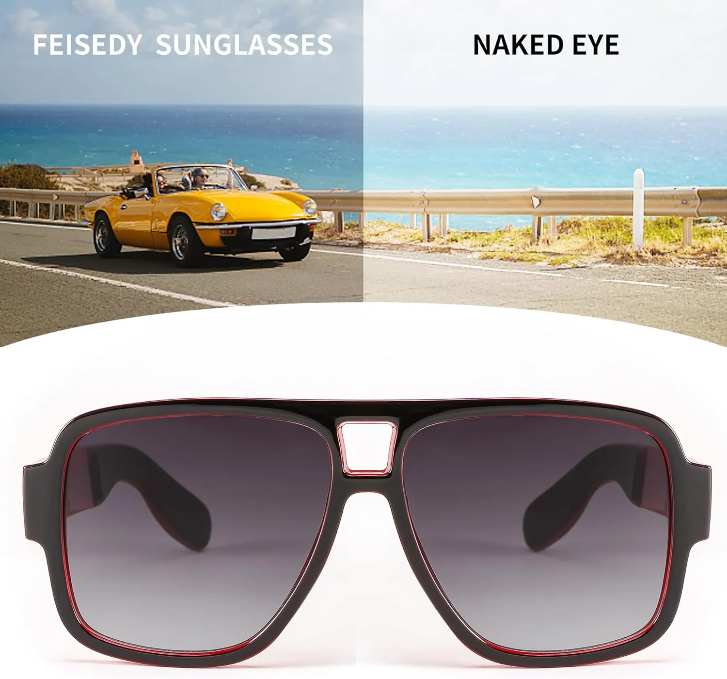 FEISEDY Retro 70s Oversized Pilot Sunglasses Women Men Plastic Vintage Square Frame B2954