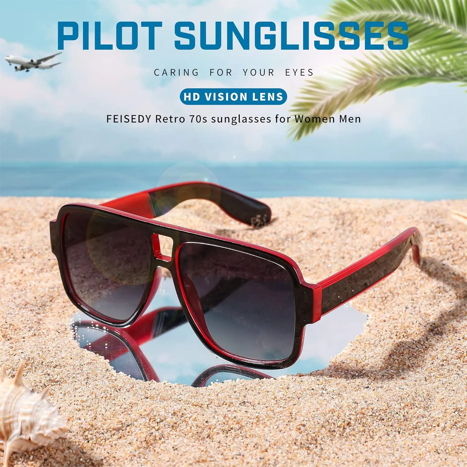 FEISEDY Retro 70s Oversized Pilot Sunglasses Women Men Plastic Vintage Square Frame B2954