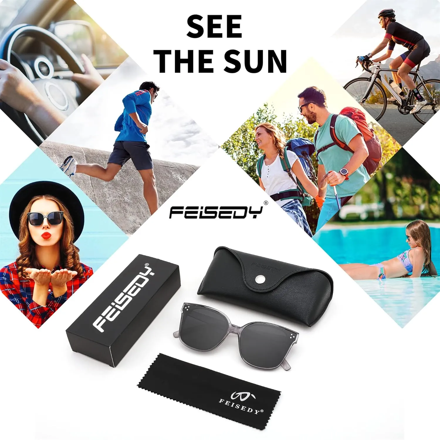FEISEDY Retro Square Polarized Sunglasses Women Men Vintage Minimalist Shades B2600