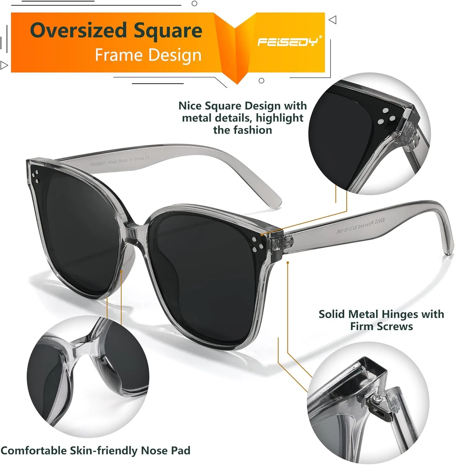 FEISEDY Retro Square Polarized Sunglasses Women Men Vintage Minimalist Shades B2600