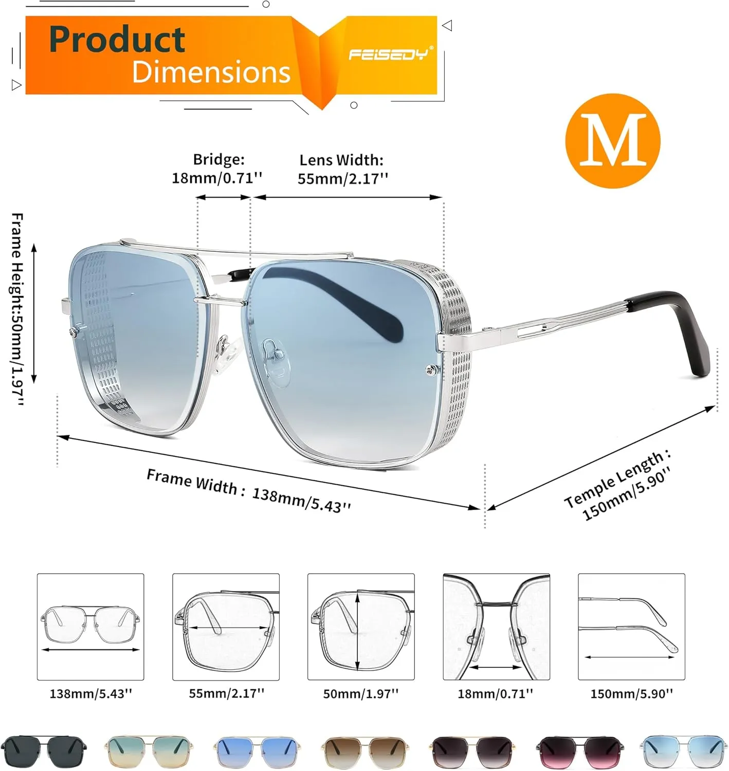 FEISEDY Sunglasses Mens Women Vintage Pilot Square Trendy Metal Steampunk Fishing Driving Sun Glasses B2894