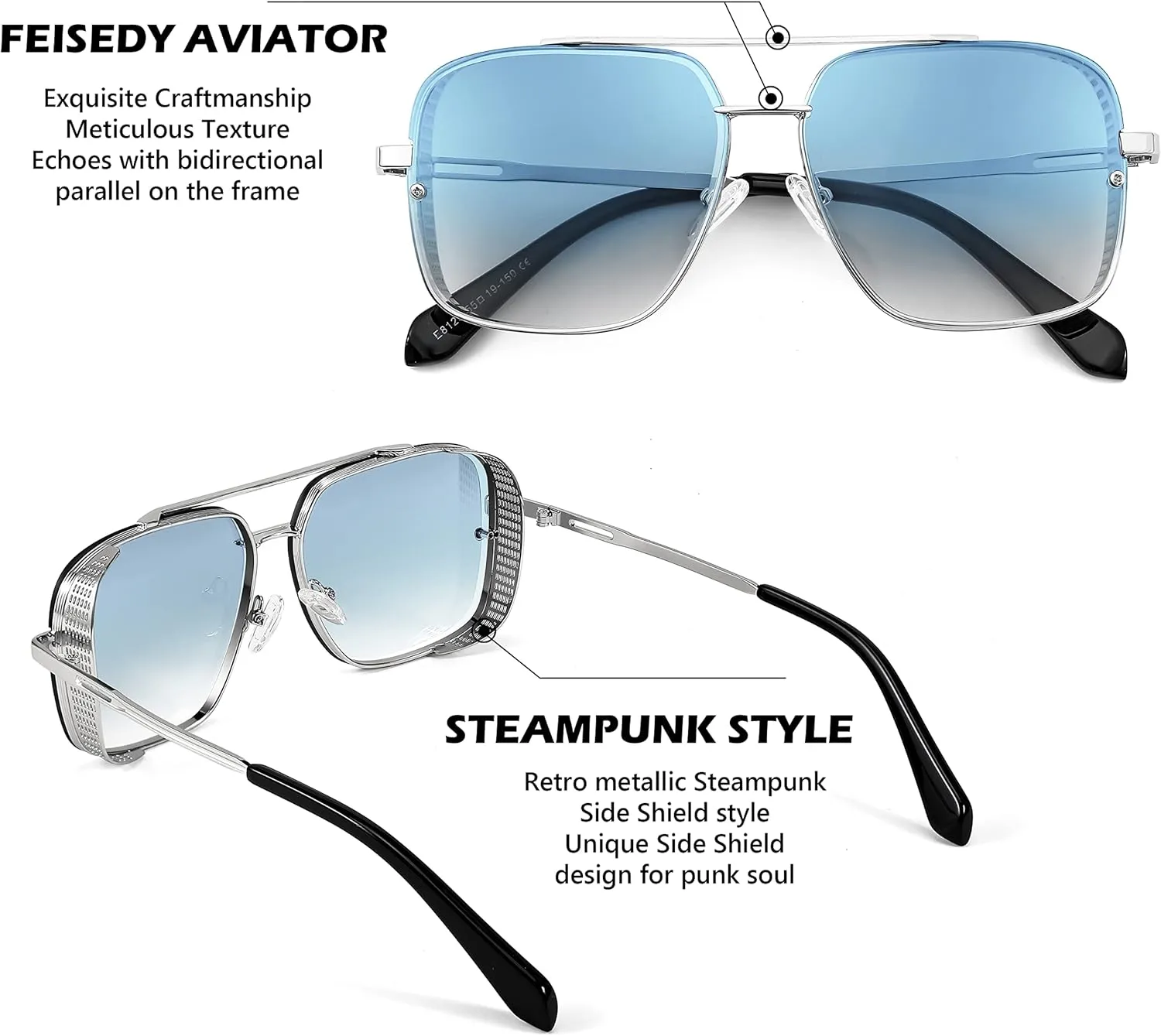 FEISEDY Sunglasses Mens Women Vintage Pilot Square Trendy Metal Steampunk Fishing Driving Sun Glasses B2894