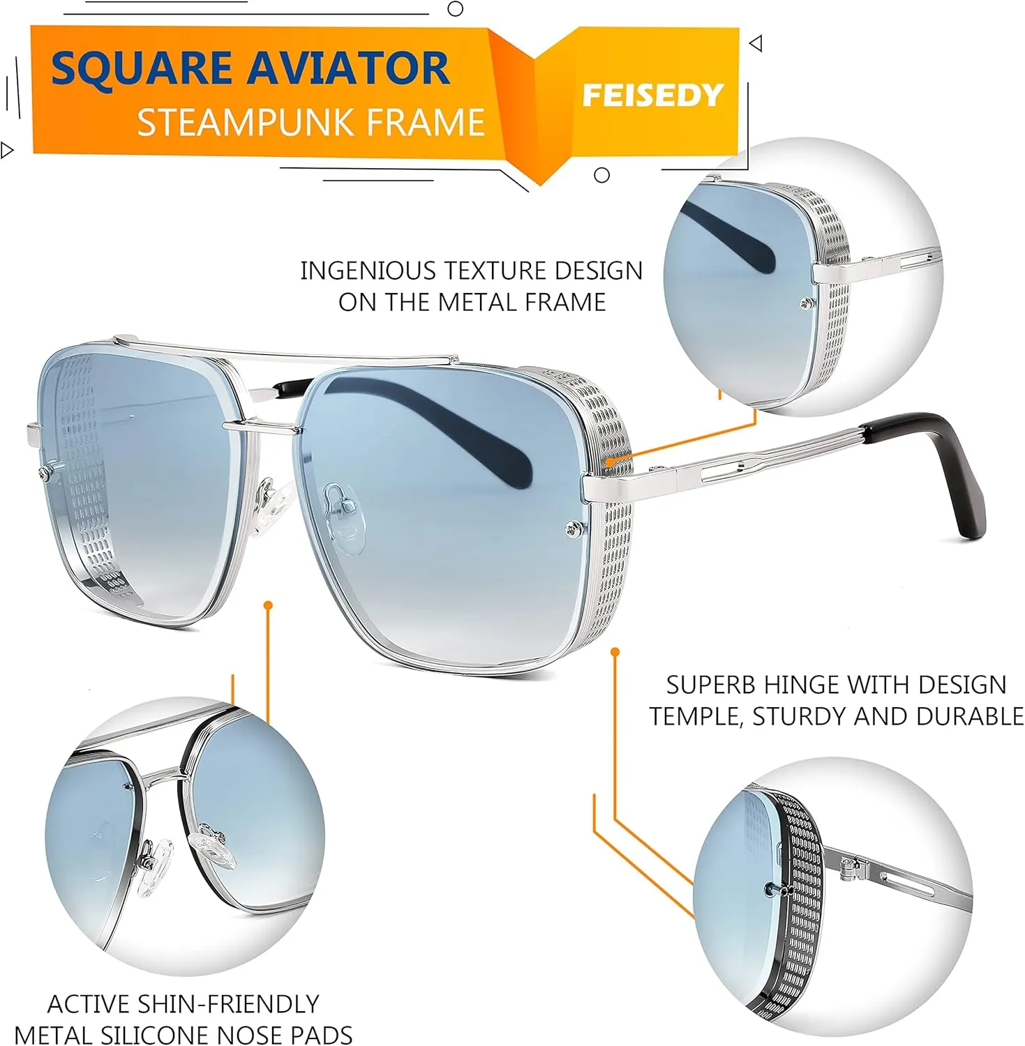 FEISEDY Sunglasses Mens Women Vintage Pilot Square Trendy Metal Steampunk Fishing Driving Sun Glasses B2894