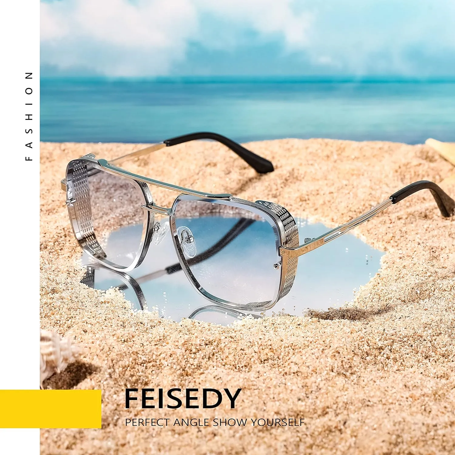 FEISEDY Sunglasses Mens Women Vintage Pilot Square Trendy Metal Steampunk Fishing Driving Sun Glasses B2894