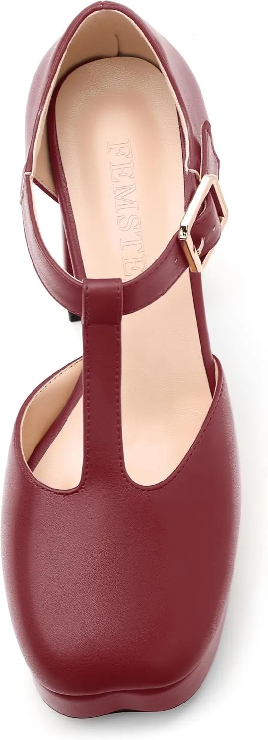 FEMSTEP Women's T-Strap Mary Jane Heels Platform High Block Chunky Square Toe Pumps Party Shopping Dating Daily Wear Dress Shoes