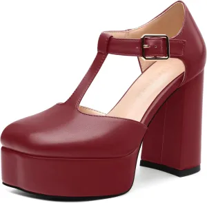 FEMSTEP Women's T-Strap Mary Jane Heels Platform High Block Chunky Square Toe Pumps Party Shopping Dating Daily Wear Dress Shoes