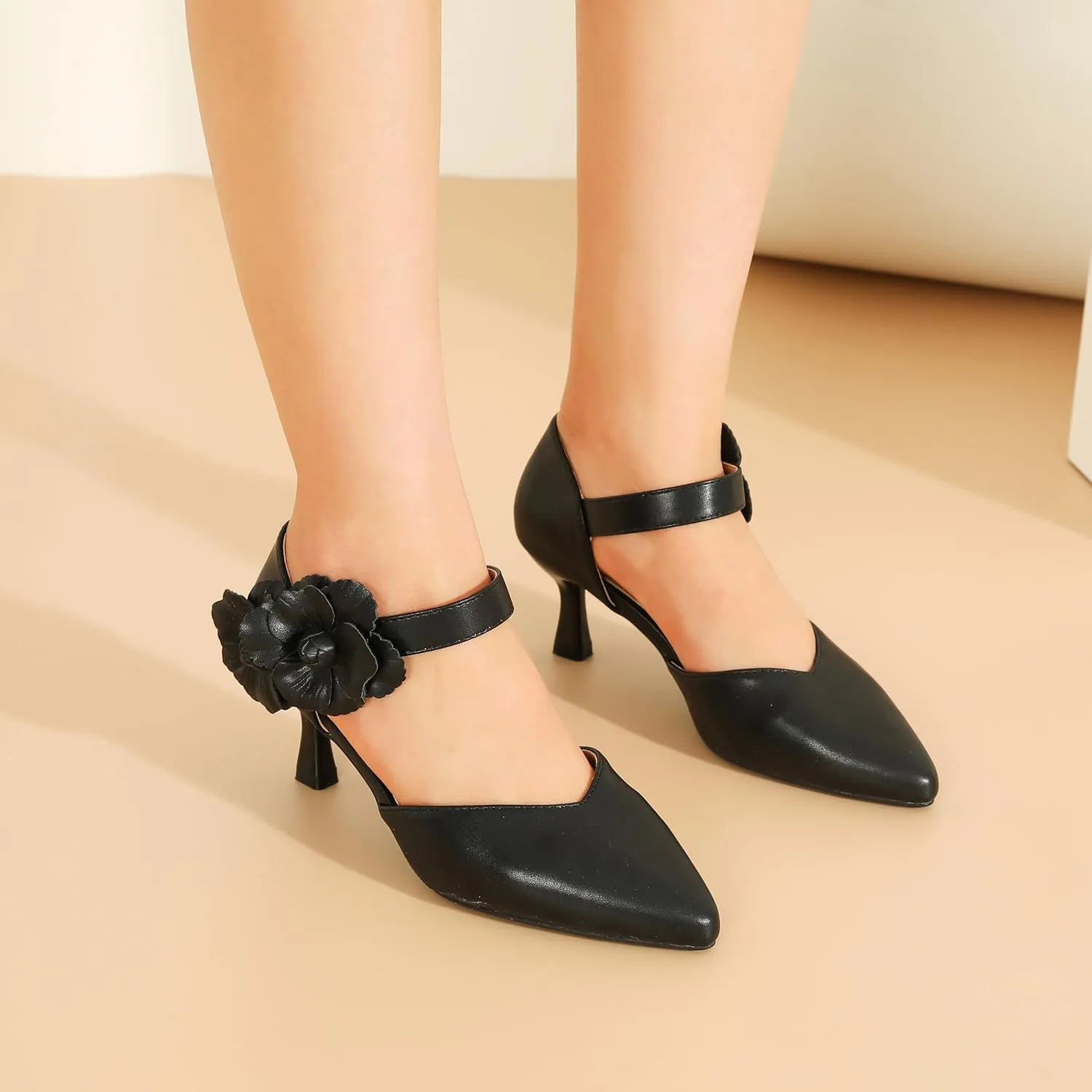 fereshte Women's Wedding Evening Party Flower Kitten Heels Pumps Ankle Strap Dress Shoes