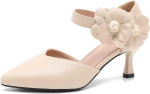 fereshte Women's Wedding Evening Party Flower Kitten Heels Pumps Ankle Strap Dress Shoes