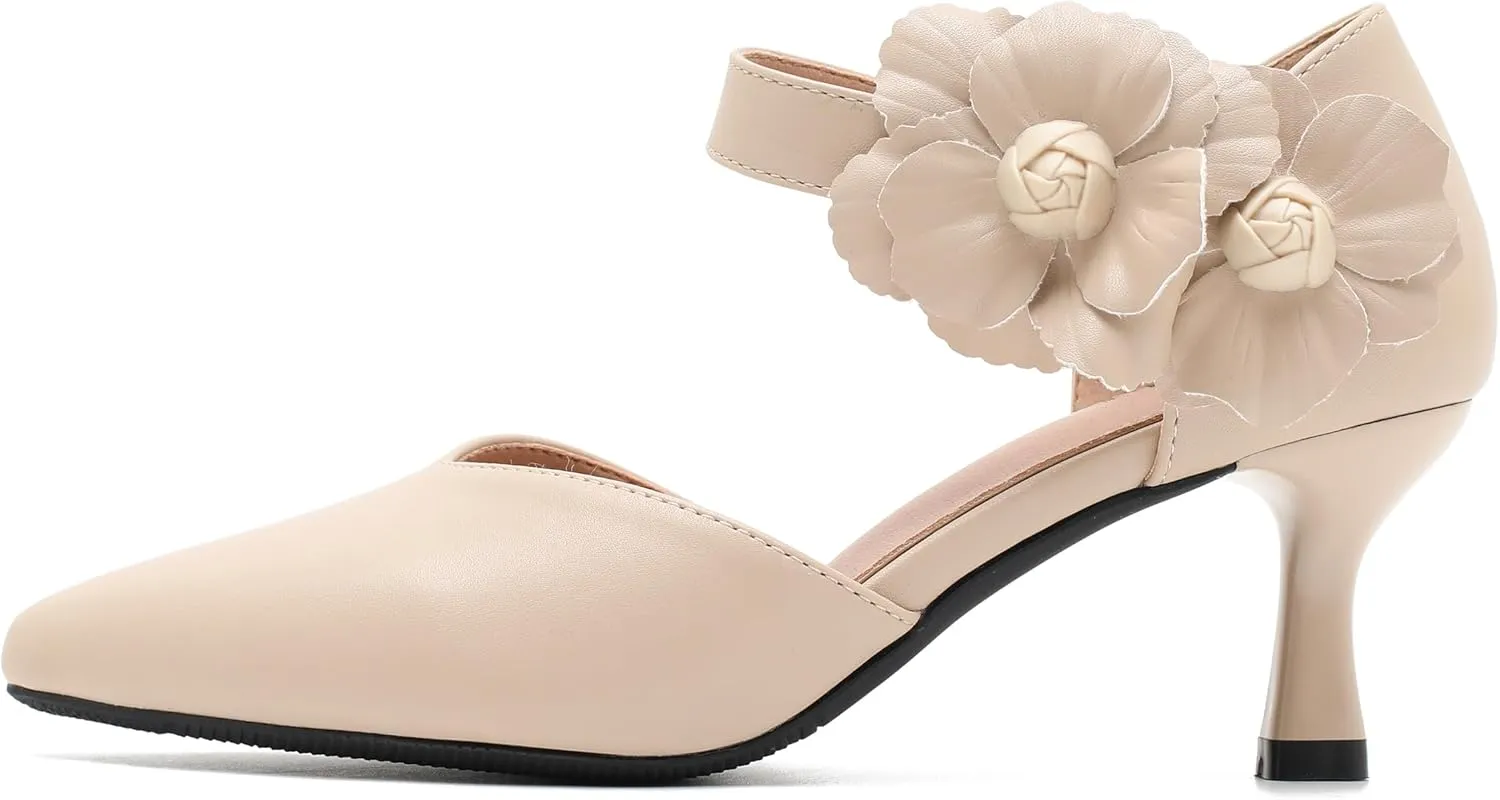 fereshte Women's Wedding Evening Party Flower Kitten Heels Pumps Ankle Strap Dress Shoes