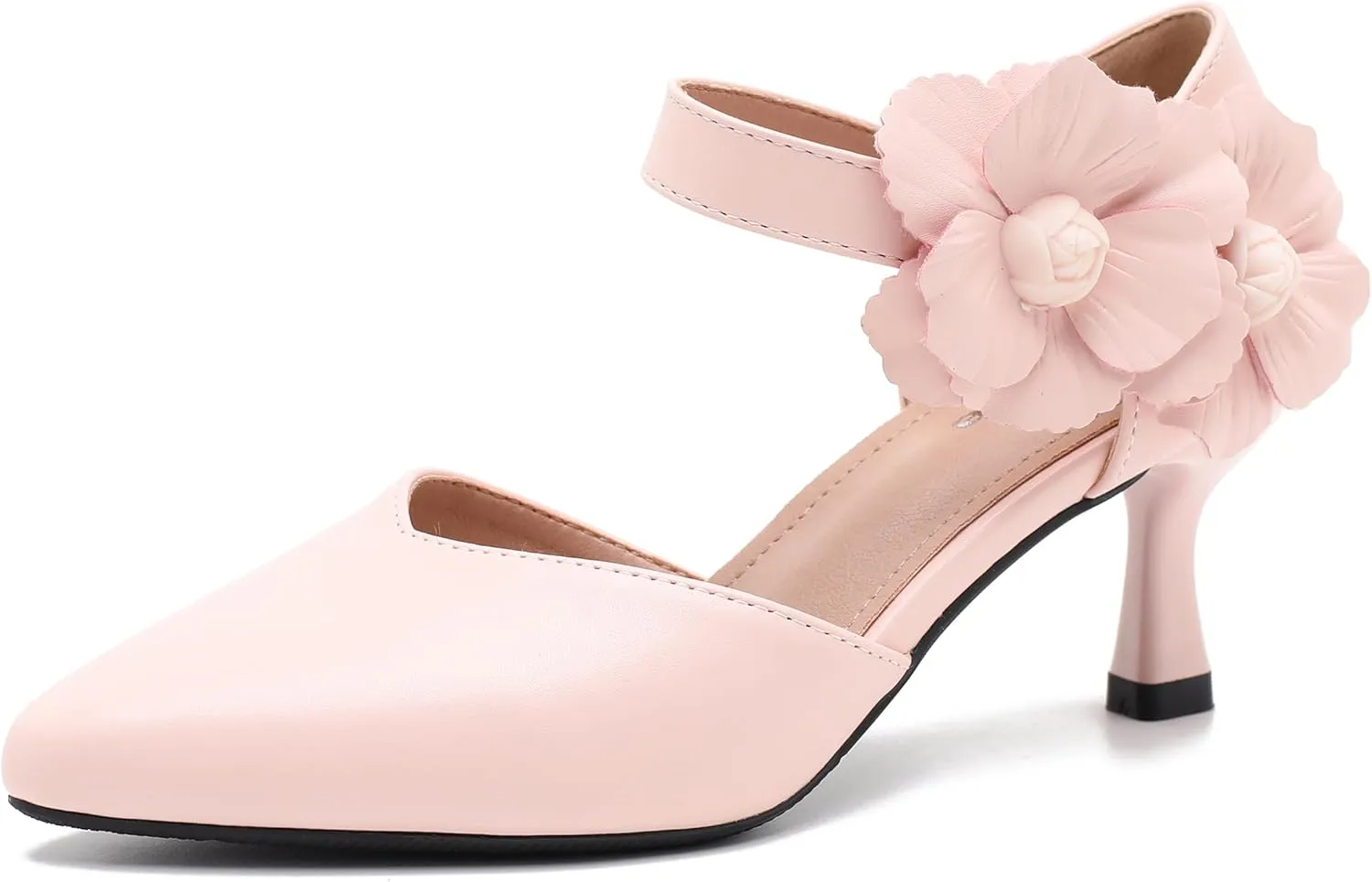 fereshte Women's Wedding Evening Party Flower Kitten Heels Pumps Ankle Strap Dress Shoes