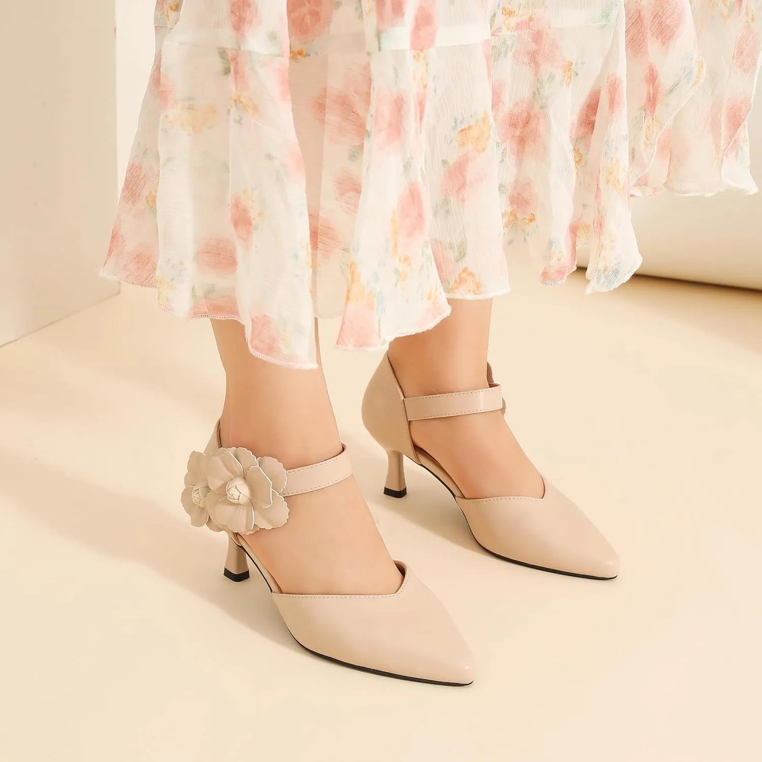 fereshte Women's Wedding Evening Party Flower Kitten Heels Pumps Ankle Strap Dress Shoes