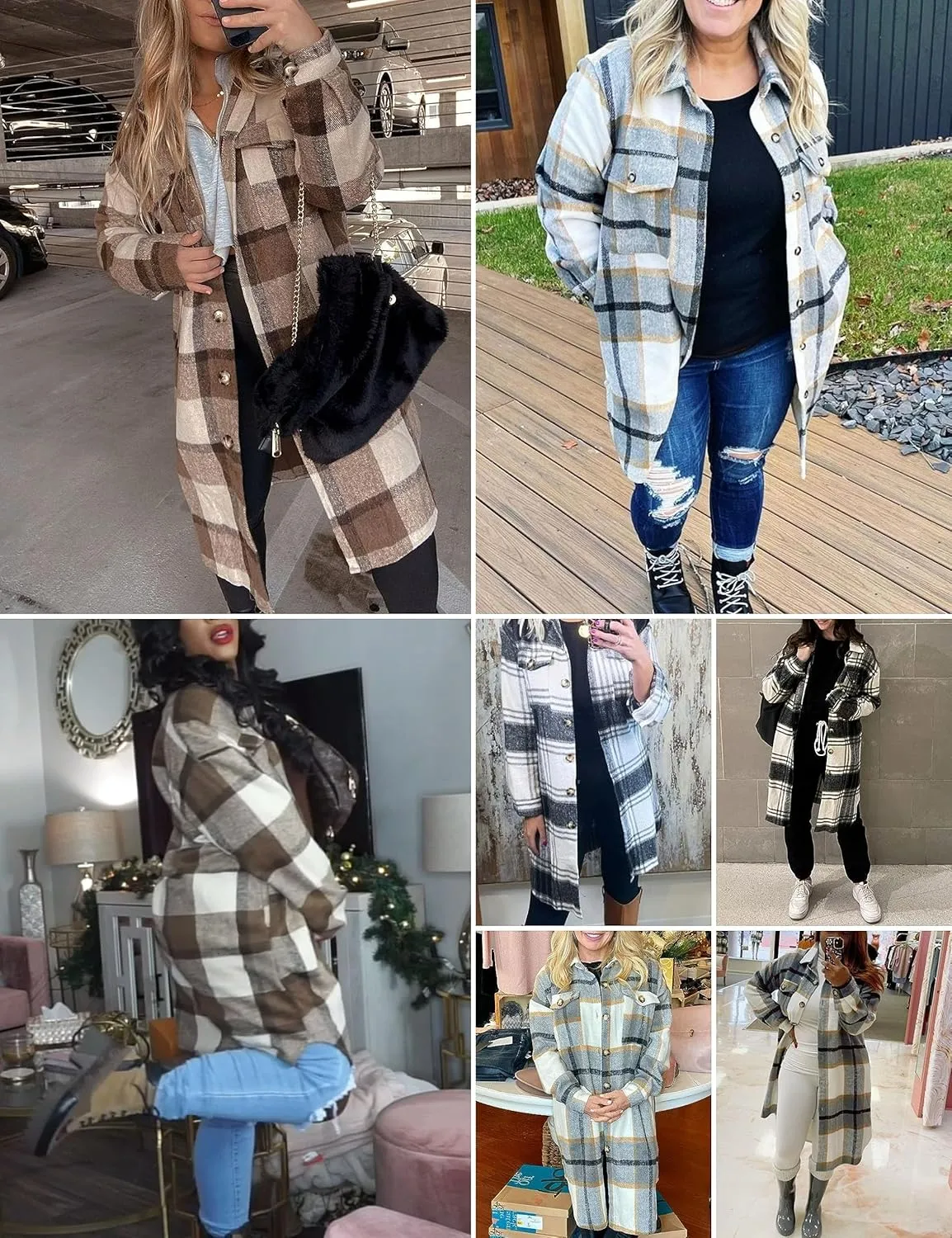 FindThy Women’s Long Plaid Shacket Wool Blend Button Down Shirt Jacket Coat with Pockets