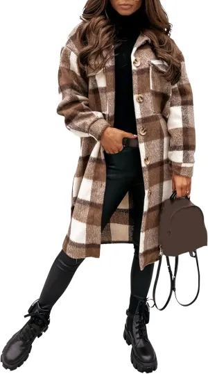 FindThy Women’s Long Plaid Shacket Wool Blend Button Down Shirt Jacket Coat with Pockets