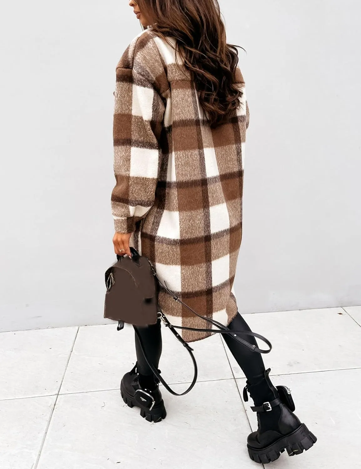FindThy Women’s Long Plaid Shacket Wool Blend Button Down Shirt Jacket Coat with Pockets