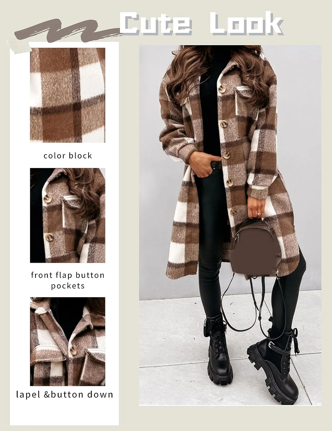 FindThy Women’s Long Plaid Shacket Wool Blend Button Down Shirt Jacket Coat with Pockets