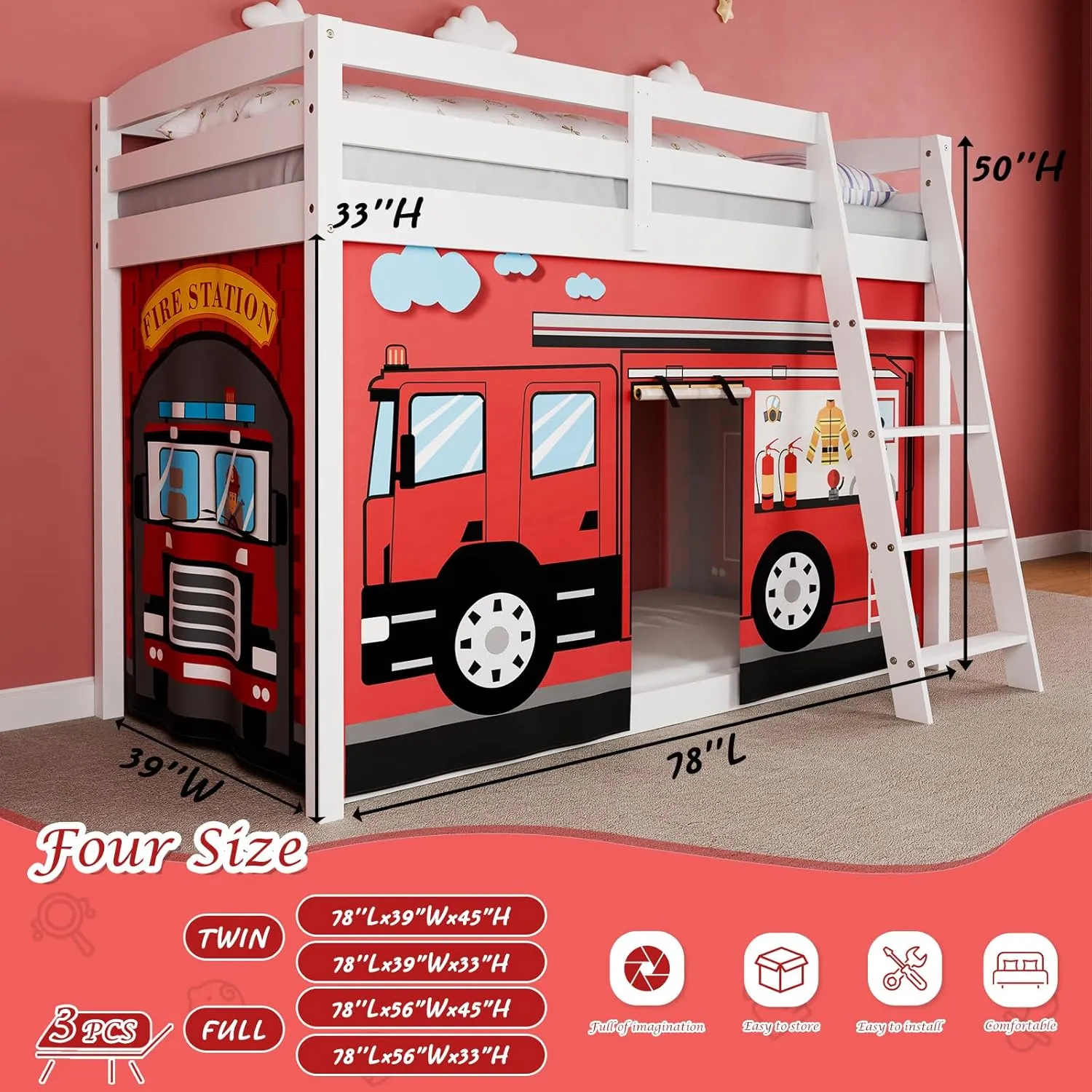 Fire-Truck Bunk Bed - 33H Curtains Premium and Customizable Cartoon Loft Bed Curtains for Children to Enhance The Imaginative Creation Bedroom Curtains(3PCS,Twins)