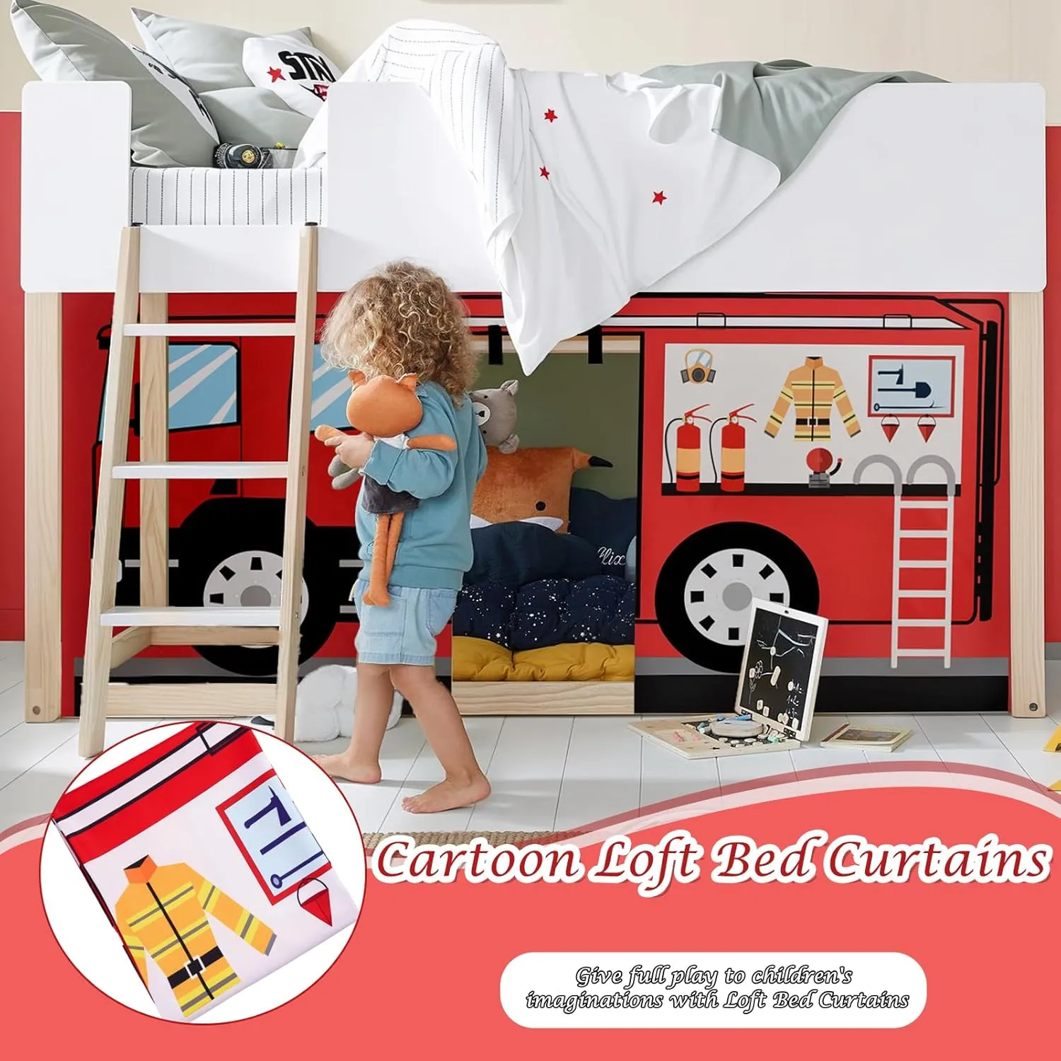 Fire-Truck Bunk Bed - 33H Curtains Premium and Customizable Cartoon Loft Bed Curtains for Children to Enhance The Imaginative Creation Bedroom Curtains(3PCS,Twins)