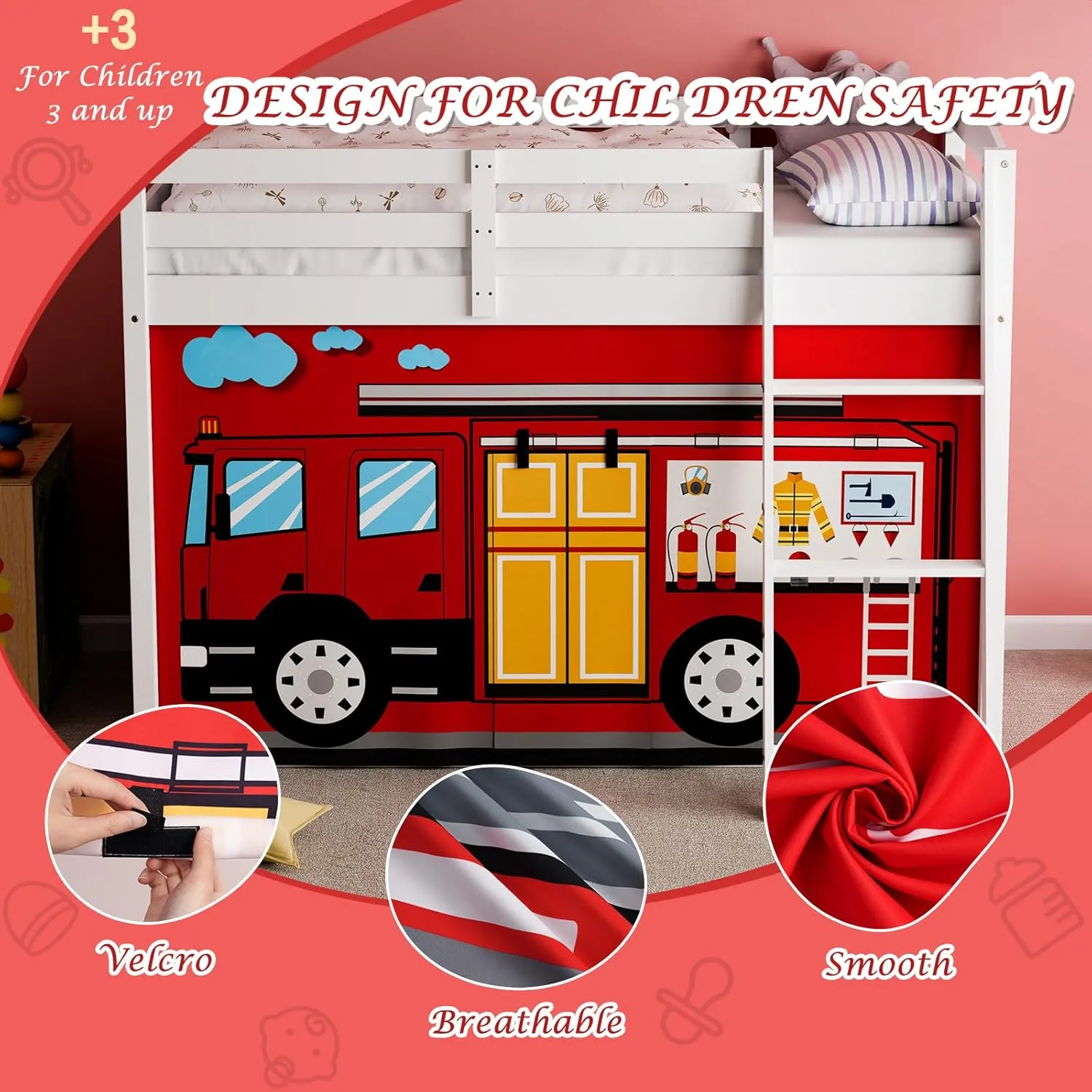 Fire-Truck Bunk Bed - 33H Curtains Premium and Customizable Cartoon Loft Bed Curtains for Children to Enhance The Imaginative Creation Bedroom Curtains(3PCS,Twins)