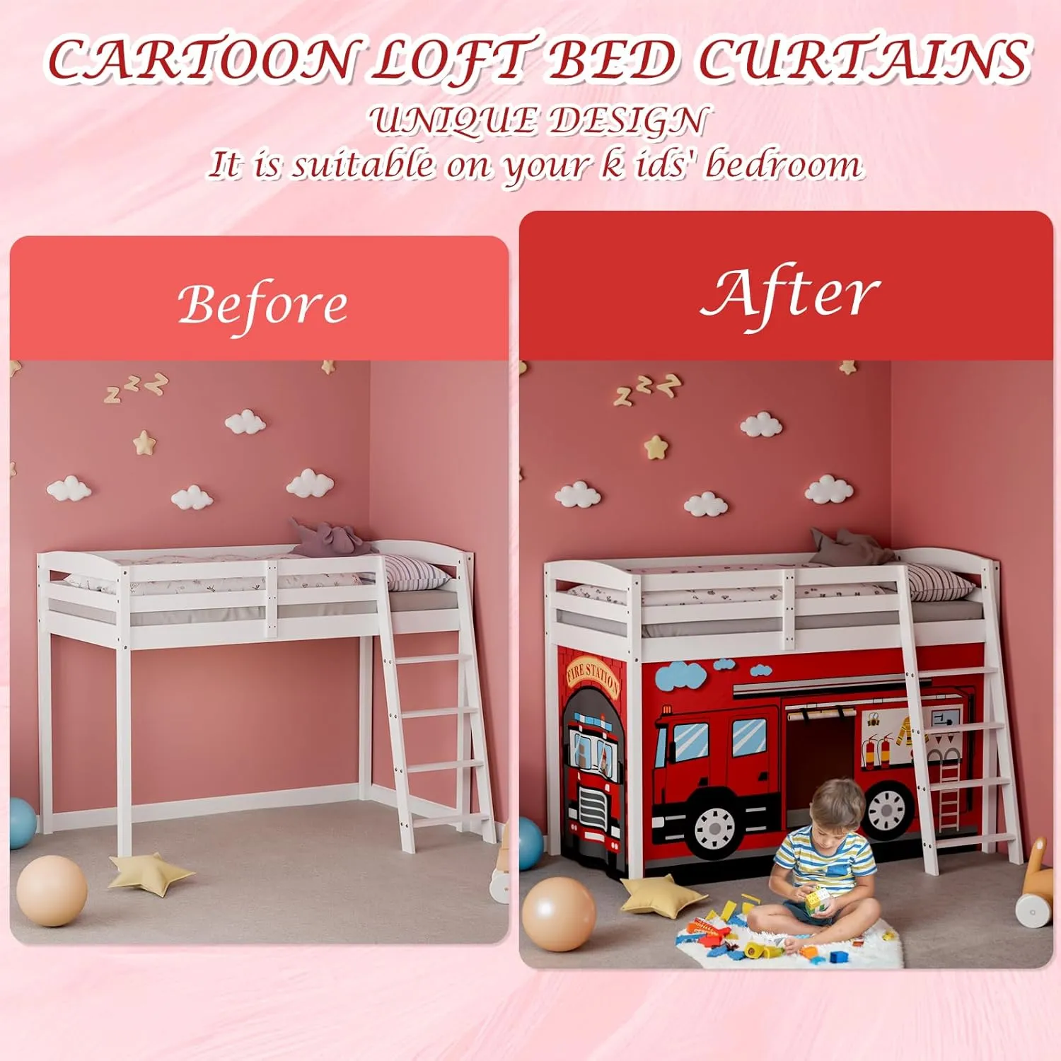Fire-Truck Bunk Bed - 33H Curtains Premium and Customizable Cartoon Loft Bed Curtains for Children to Enhance The Imaginative Creation Bedroom Curtains(3PCS,Twins)