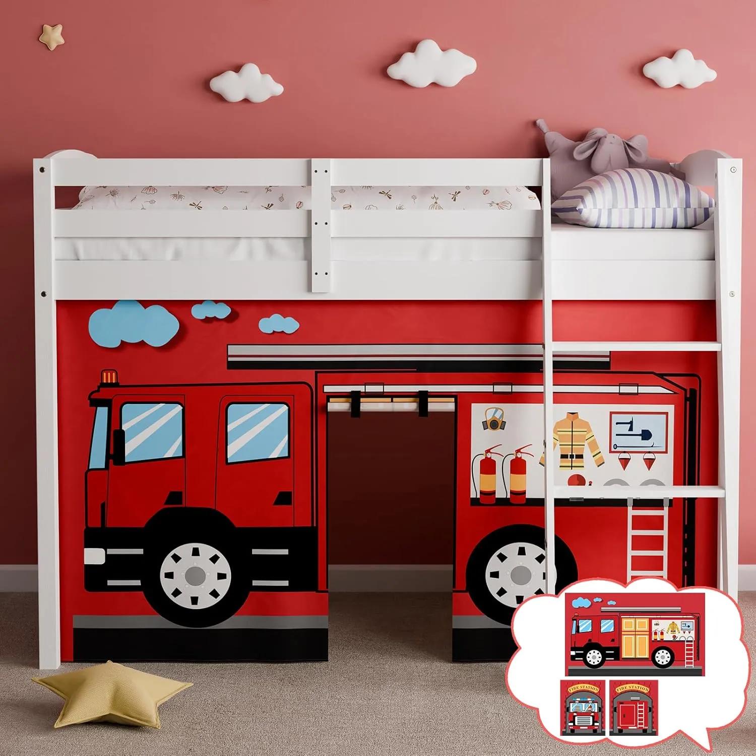 Fire-Truck Bunk Bed - 33H Curtains Premium and Customizable Cartoon Loft Bed Curtains for Children to Enhance The Imaginative Creation Bedroom Curtains(3PCS,Twins)