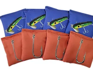Fishing Theme Cornhole Bags Set of 8 Regulation Fish and Hook Fathers Day Gift (Plastic Resin Filling)