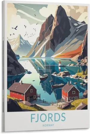 Fjords Norway Travel Print Canvas Wall Art Vintage Travel Poster Picture Room Decor 12x18inch(30x45cm)