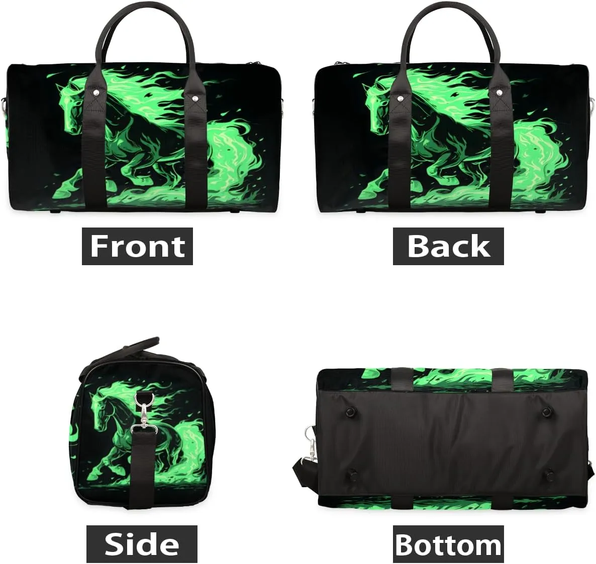 Flame Horses Travel Duffle Bag for Women Men Gym Duffel Foldable Bag Waterproof Weekender Green Flame Duffle Tote