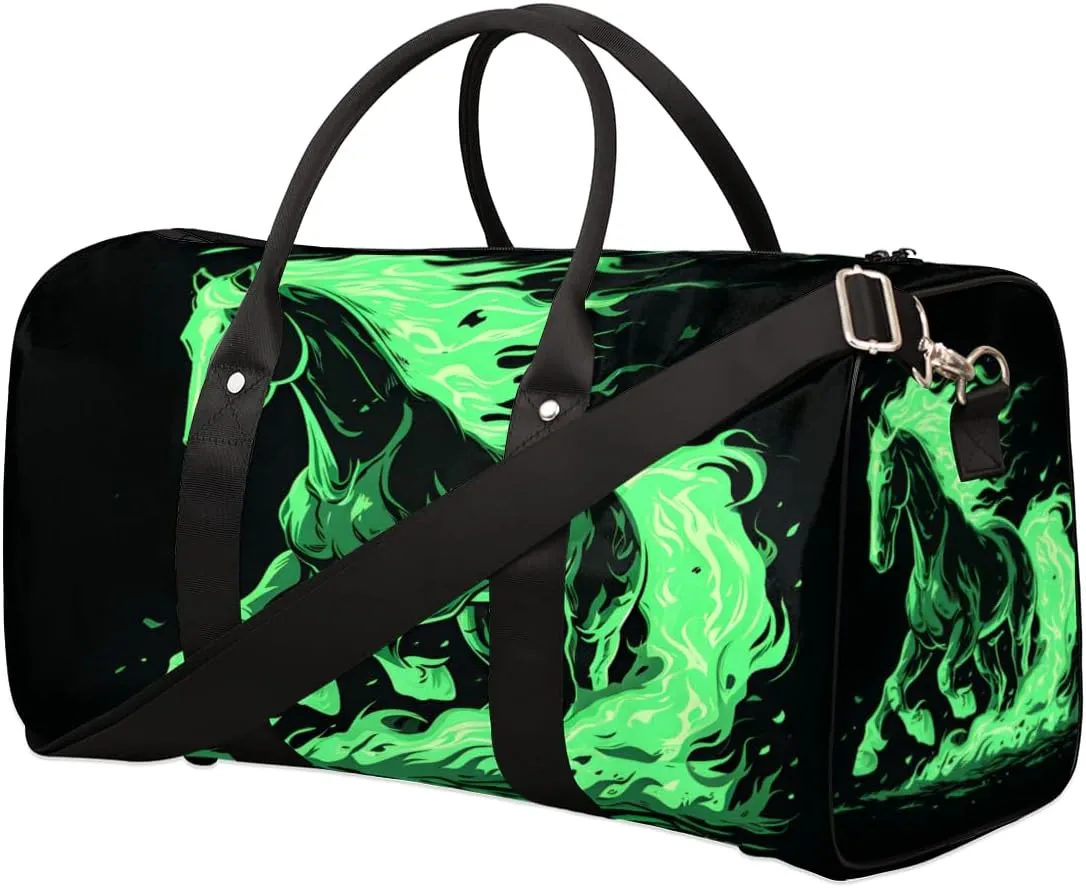 Flame Horses Travel Duffle Bag for Women Men Gym Duffel Foldable Bag Waterproof Weekender Green Flame Duffle Tote
