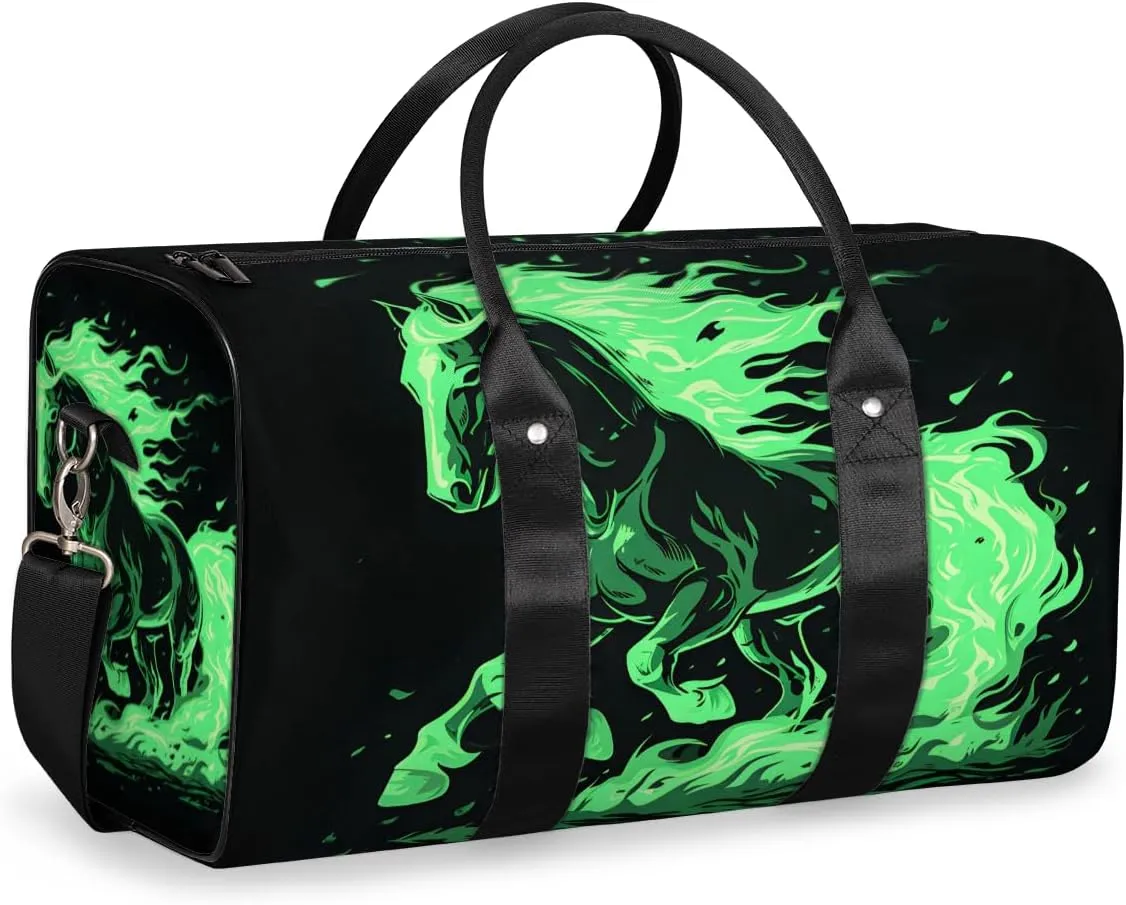 Flame Horses Travel Duffle Bag for Women Men Gym Duffel Foldable Bag Waterproof Weekender Green Flame Duffle Tote