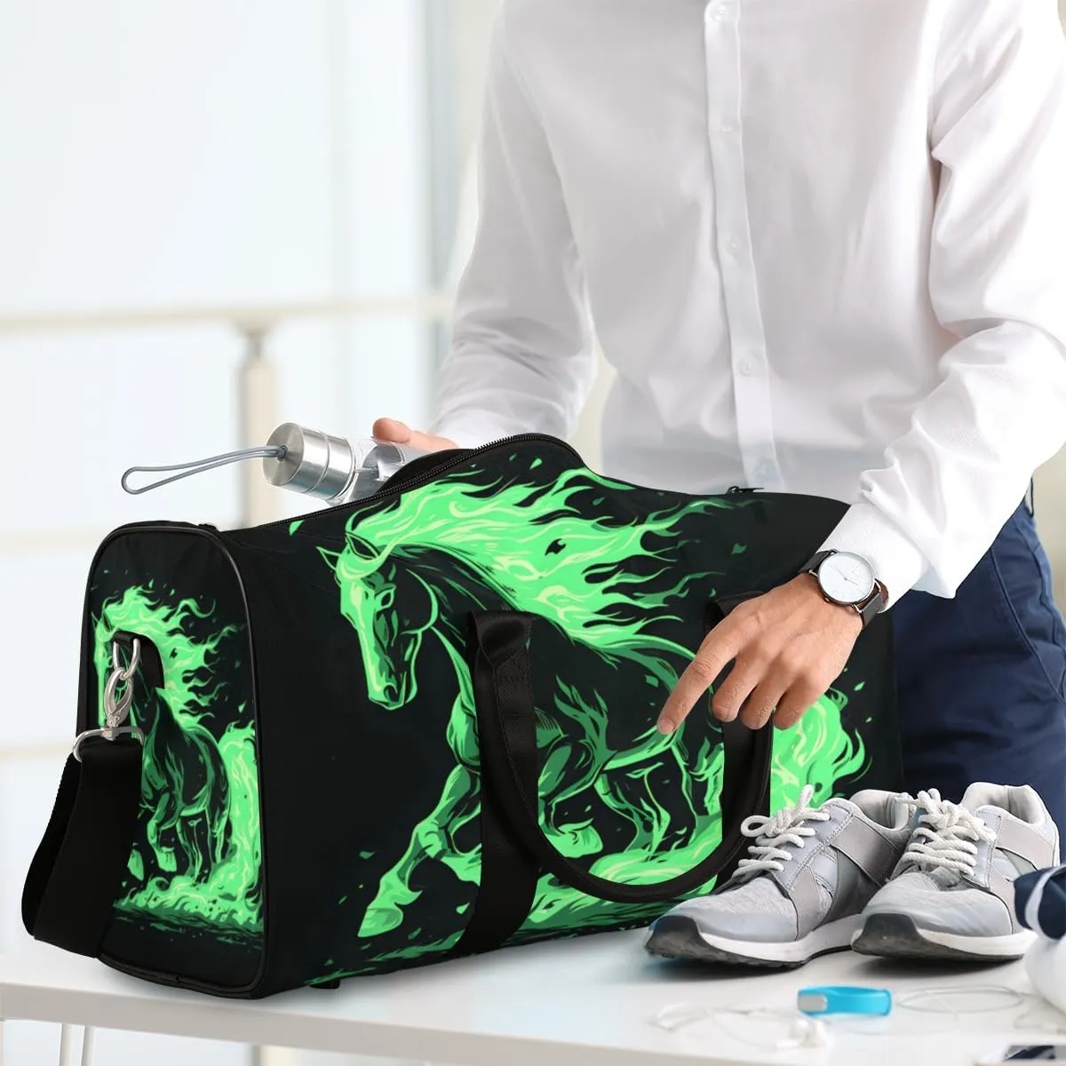 Flame Horses Travel Duffle Bag for Women Men Gym Duffel Foldable Bag Waterproof Weekender Green Flame Duffle Tote