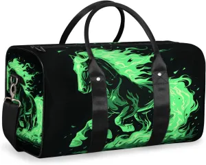 Flame Horses Travel Duffle Bag for Women Men Gym Duffel Foldable Bag Waterproof Weekender Green Flame Duffle Tote