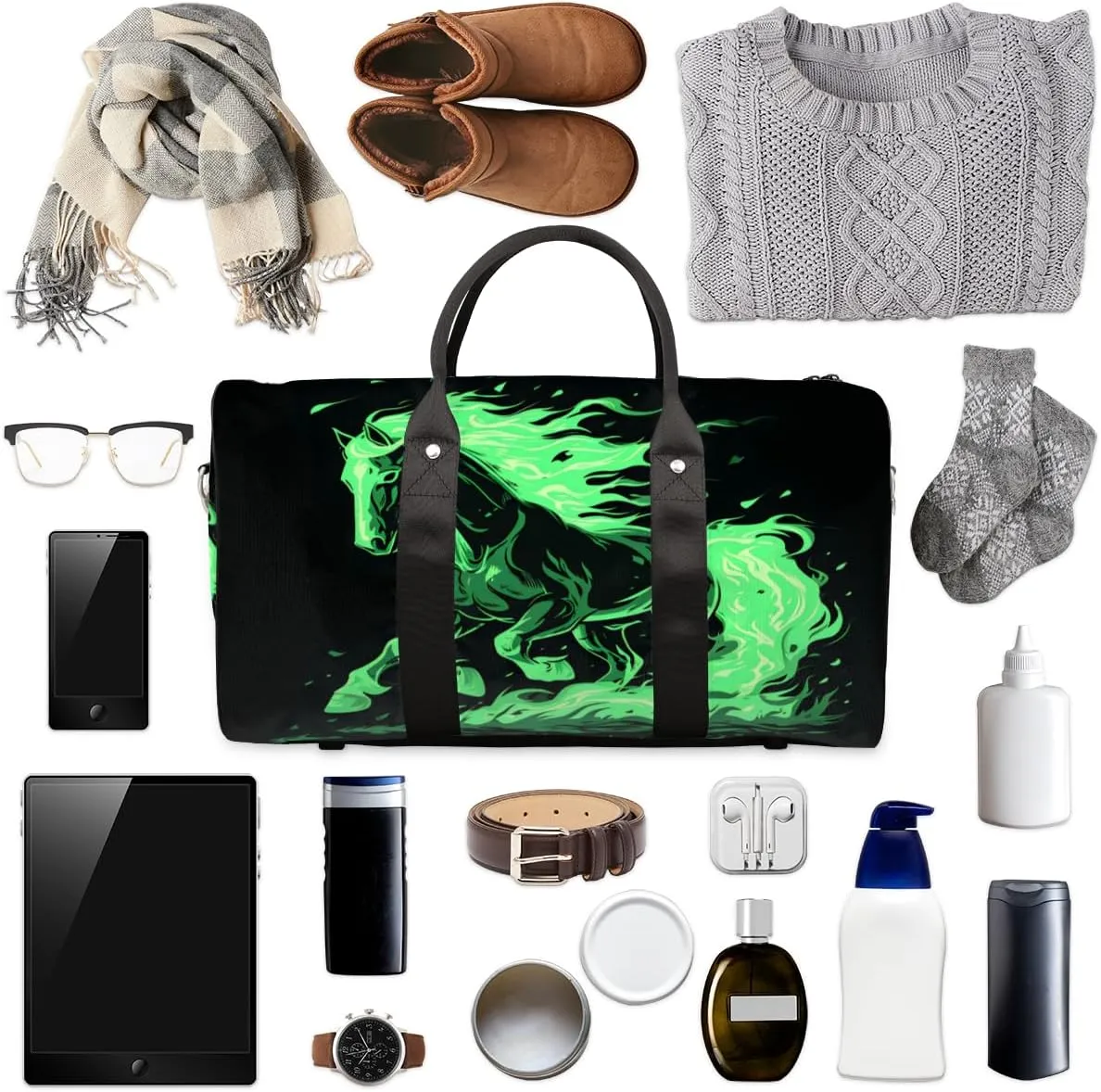 Flame Horses Travel Duffle Bag for Women Men Gym Duffel Foldable Bag Waterproof Weekender Green Flame Duffle Tote