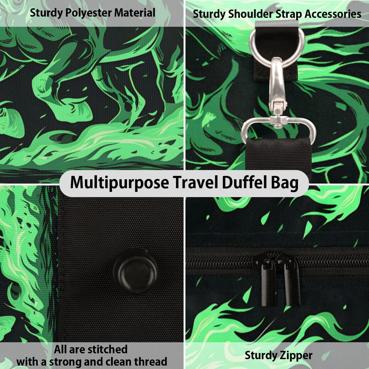 Flame Horses Travel Duffle Bag for Women Men Gym Duffel Foldable Bag Waterproof Weekender Green Flame Duffle Tote