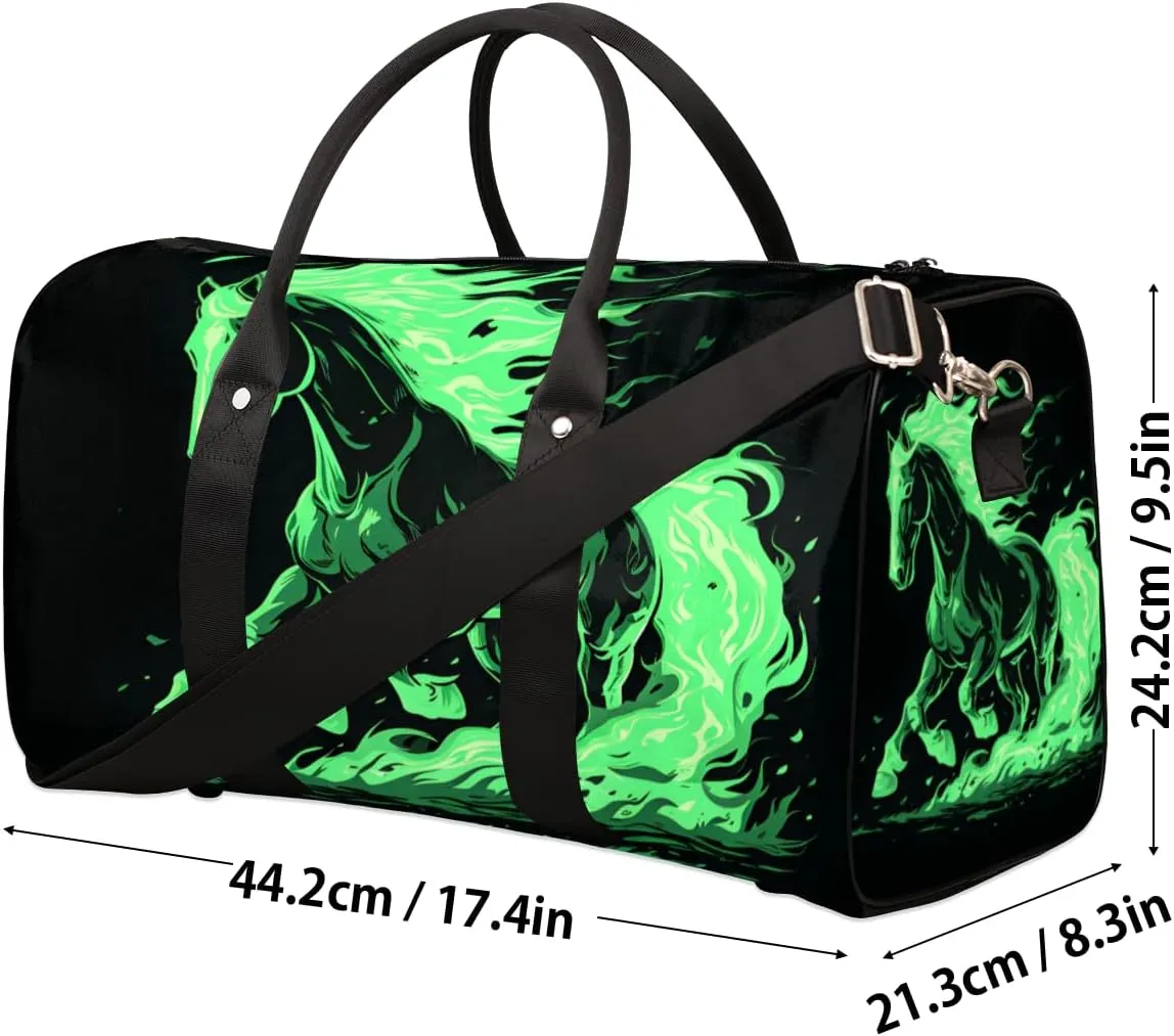 Flame Horses Travel Duffle Bag for Women Men Gym Duffel Foldable Bag Waterproof Weekender Green Flame Duffle Tote