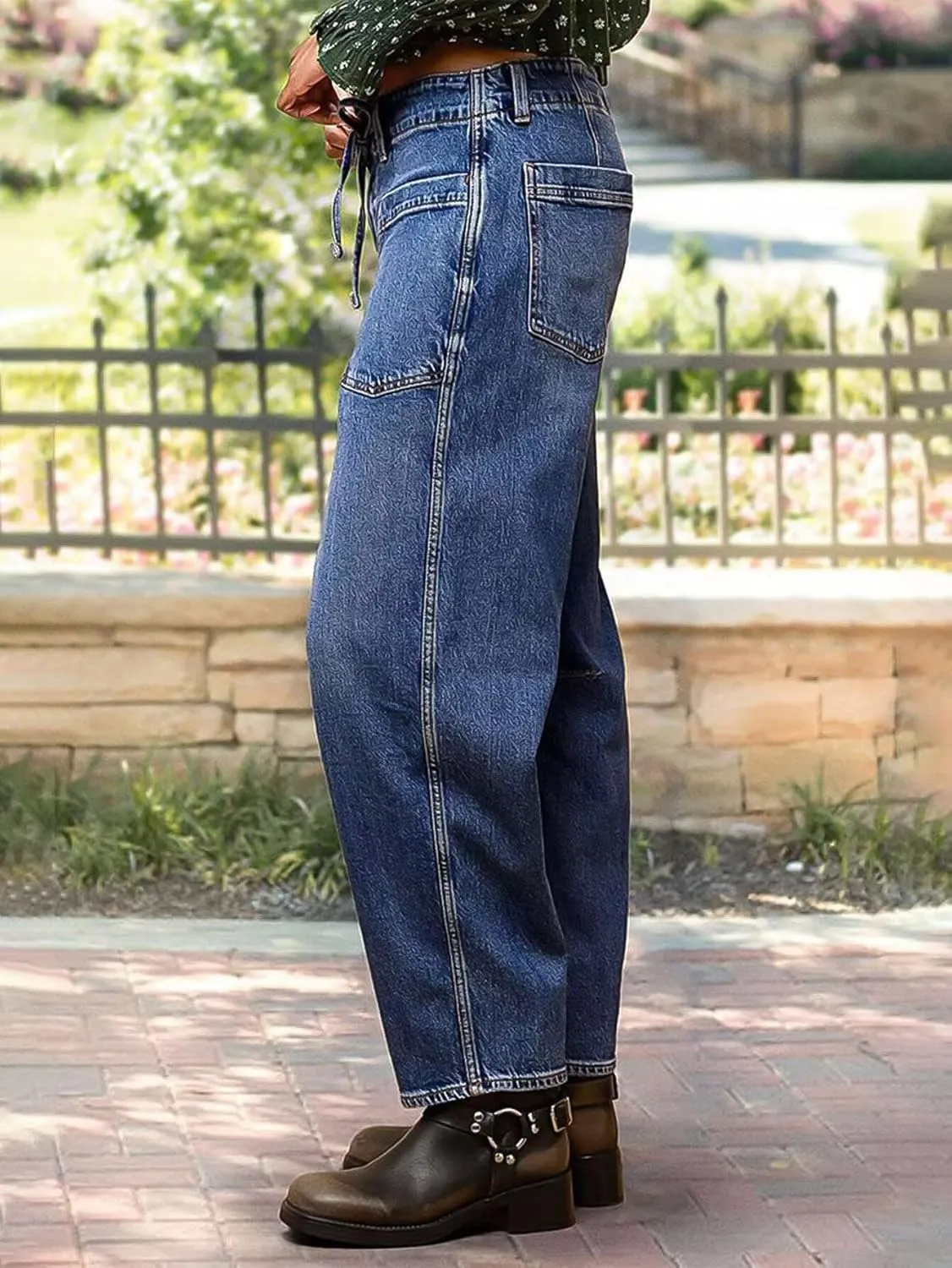Flamingals Women’s Chic Stylish Mid Waist Wash Drawstring Stitch Detail Carrot Jeans