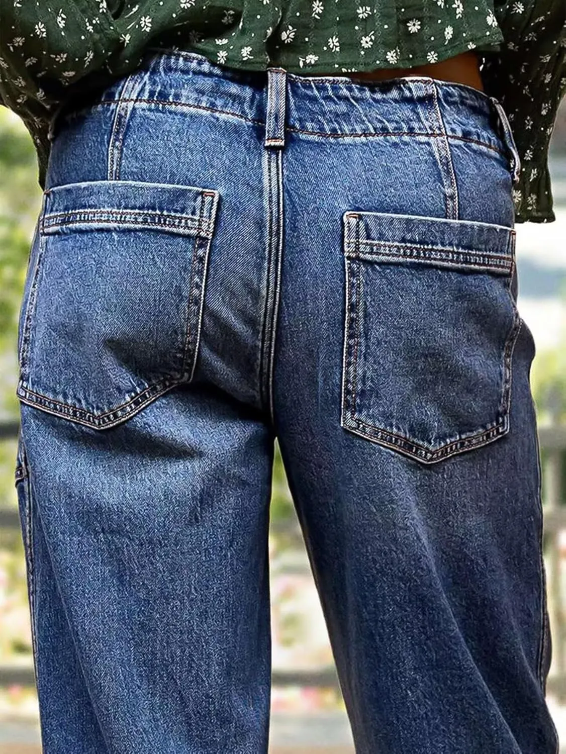 Flamingals Women’s Chic Stylish Mid Waist Wash Drawstring Stitch Detail Carrot Jeans