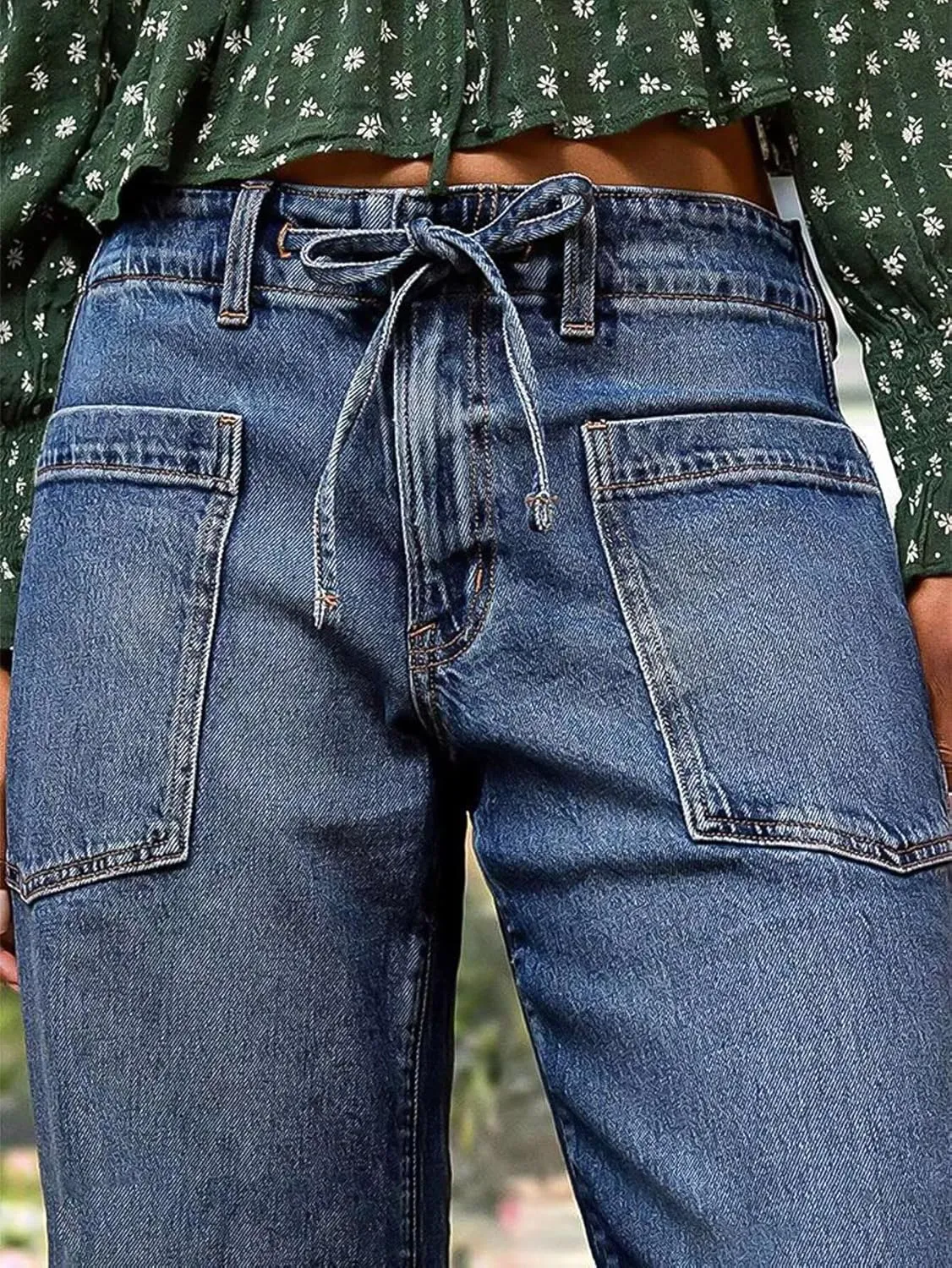 Flamingals Women’s Chic Stylish Mid Waist Wash Drawstring Stitch Detail Carrot Jeans