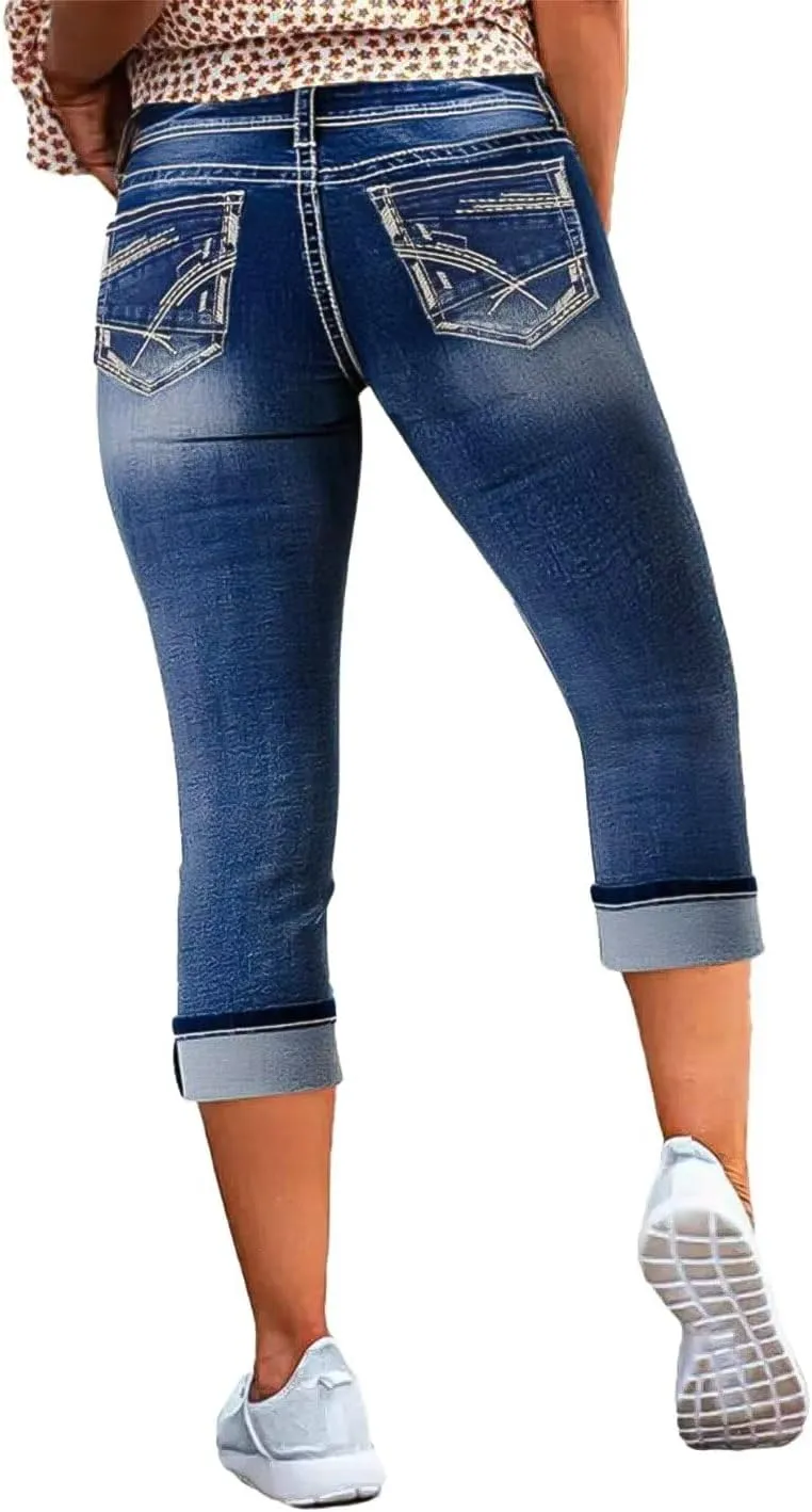 Flamingals Women's Denim Capri Jeans for Women Mid Rise Skinny Capri Pants
