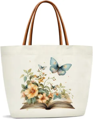 Floral Butterfly Tote Bag For Women, Canvas Tote Bags Grocery Shopping Shoulder Bag for Work Beach Travel Gym, Beach Bag Shopping Handbag Birthday Gifts for Mom Teacher Friends -02