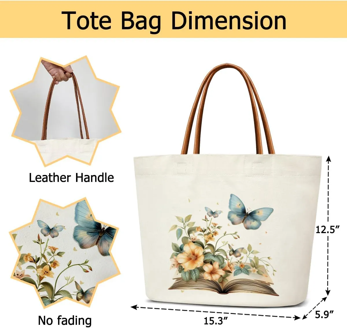 Floral Butterfly Tote Bag For Women, Canvas Tote Bags Grocery Shopping Shoulder Bag for Work Beach Travel Gym, Beach Bag Shopping Handbag Birthday Gifts for Mom Teacher Friends -02