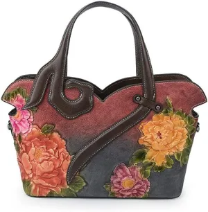 Floral Genuine Leather Women Purse Handbag Vintage Cowhide Tote Bag Ladies Shopping Shoulder Bag Crossbody Bag